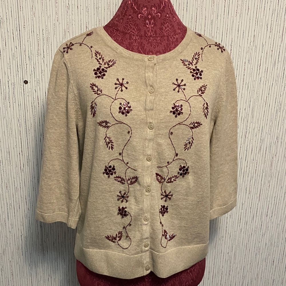 CJ Banks Tan Cardigan with Floral Design XL Career Wear, Event & Party